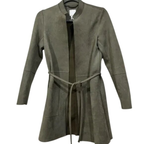 H&M green grey faux suede open front longline coat size 0 - Picture 3 of 7
